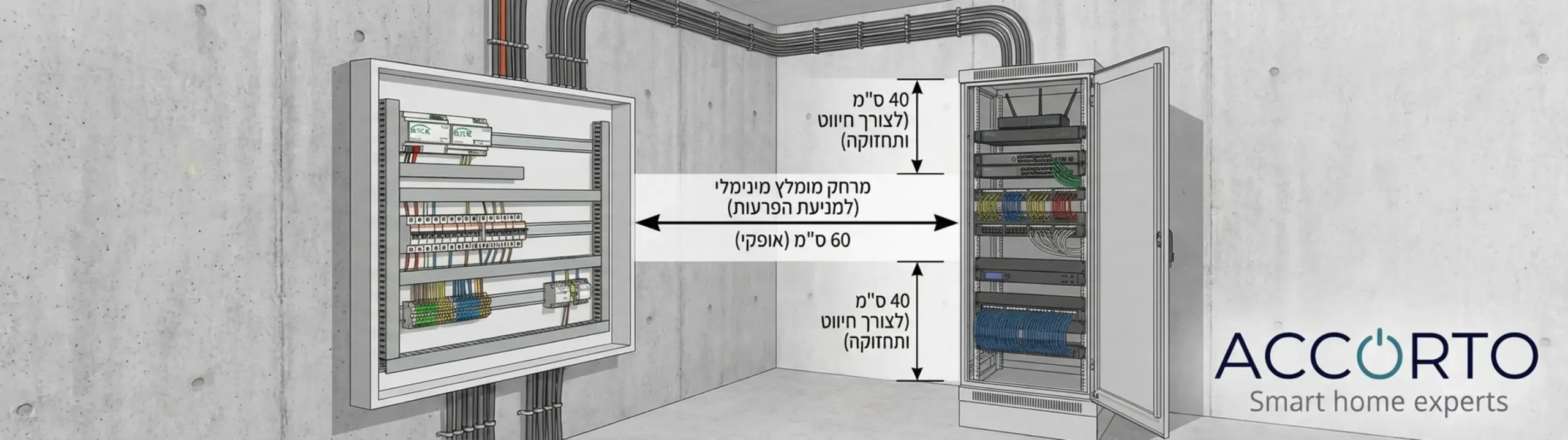 אינפוגרפיקה המציגה חתך של חדר טכני עם הפרדה ברורה: בצד ימין ארון תקשורת 19 אינץ' עם ציוד רשת, ובצד שמאל לוח חשמל רחב עם בקרי KNX על מסילות DIN, תוך סימון המרחקים המומלצים ביניהם