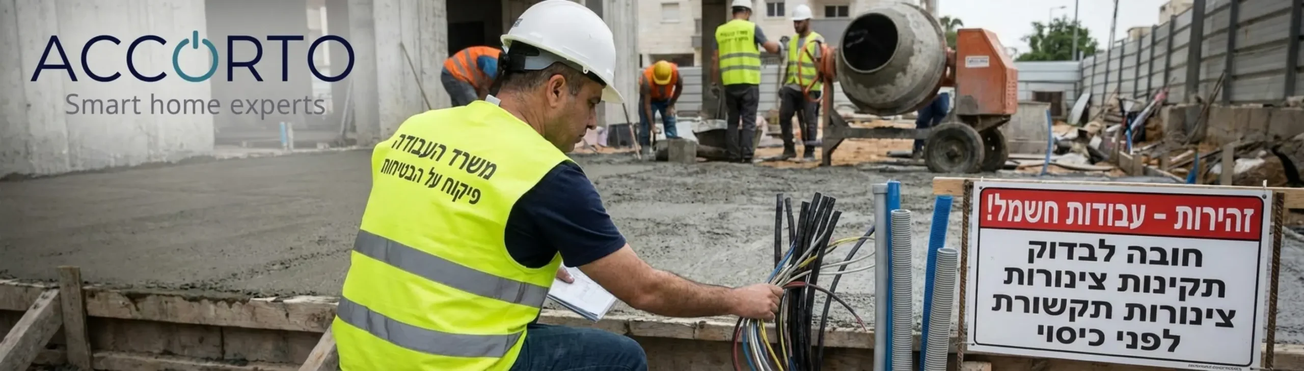 צילום של מפקח עבודה בוחן צנרת חשמל חשופה לפני יציקת בטון או כיסוי טיח ומוודא שאין פגיעה בצינורות התקשורת