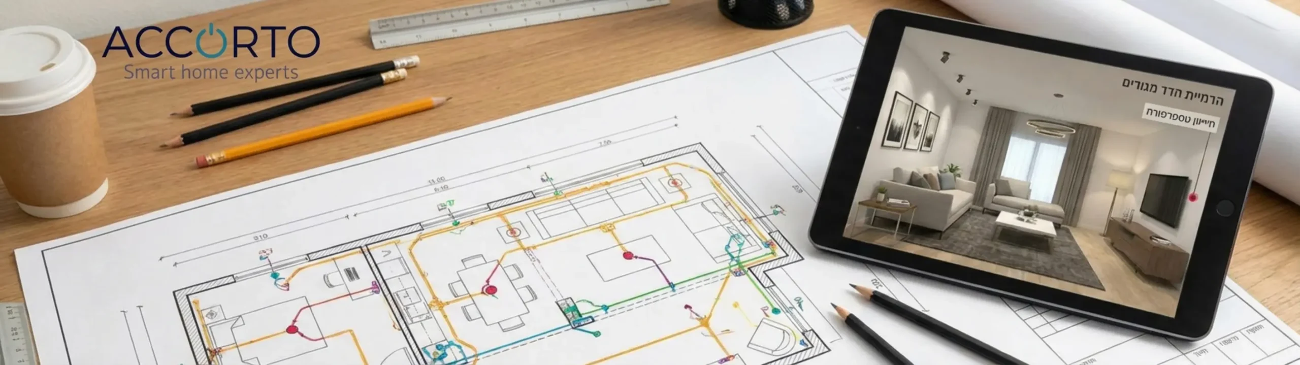 שרטוט אדריכלי מפורט המונח על שולחן עבודה, ועליו מסומנים בצבעים שונים נתיבי צנרת חשמל, נקודות רשת ומיקומי חיישנים חכמים, כאשר ליד השרטוט מונח טאבלט המציג הדמיה של החדר