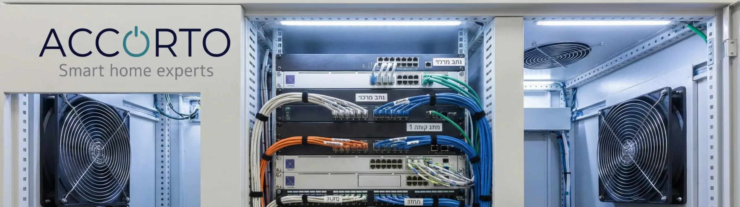 תמונה של ארון תקשורת וחשמל חכם מסודר להפליא, עם סימון ברור על כל כבל, תאורה פנימית ומרווחים נכונים לאוורור הציוד