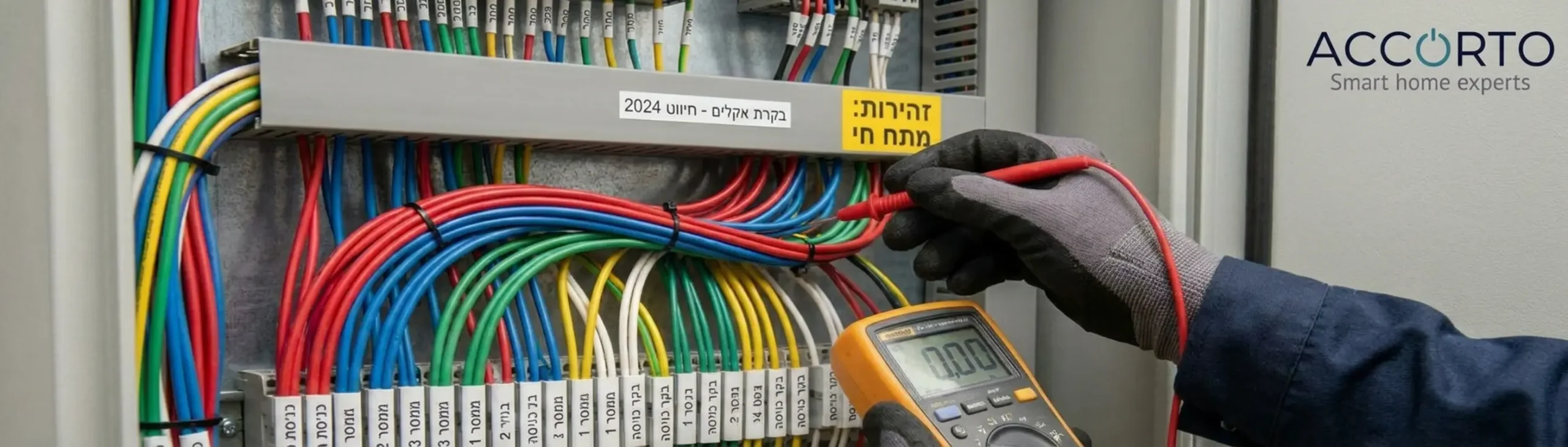 צילום תקריב של לוח תקשורת פתוח המציג חיווט מסודר ומסומן בצבעים שונים, כאשר מתקין מקצועי בודק את המתחים באמצעות רב מודד טרם חיבור הבקרים למניעת קצרים