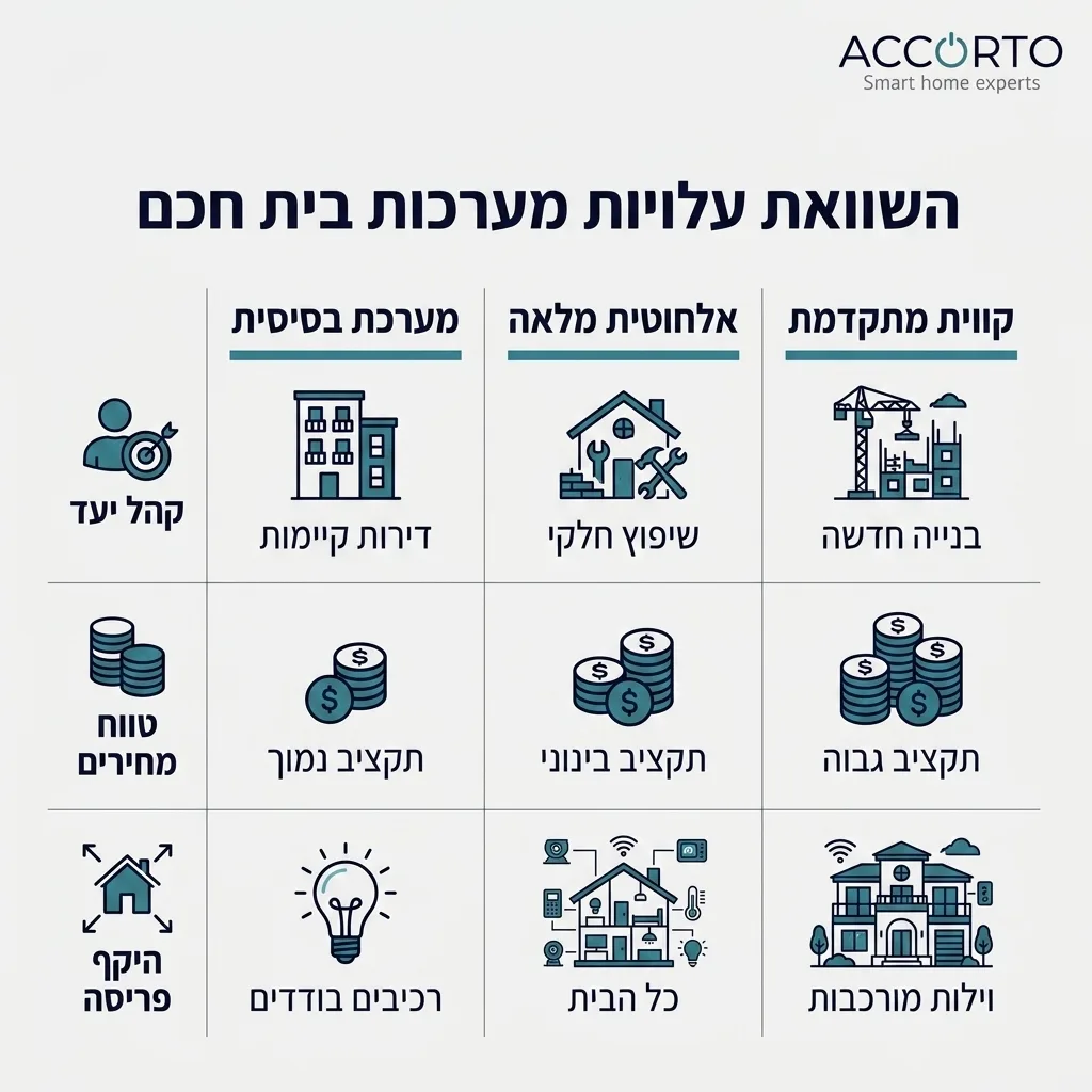 אינפוגרפיקה — השוואת עלויות מערכות בית חכם: השוואה בין מערכת בסיסית, אלחוטית מלאה, קווית מתקדמת