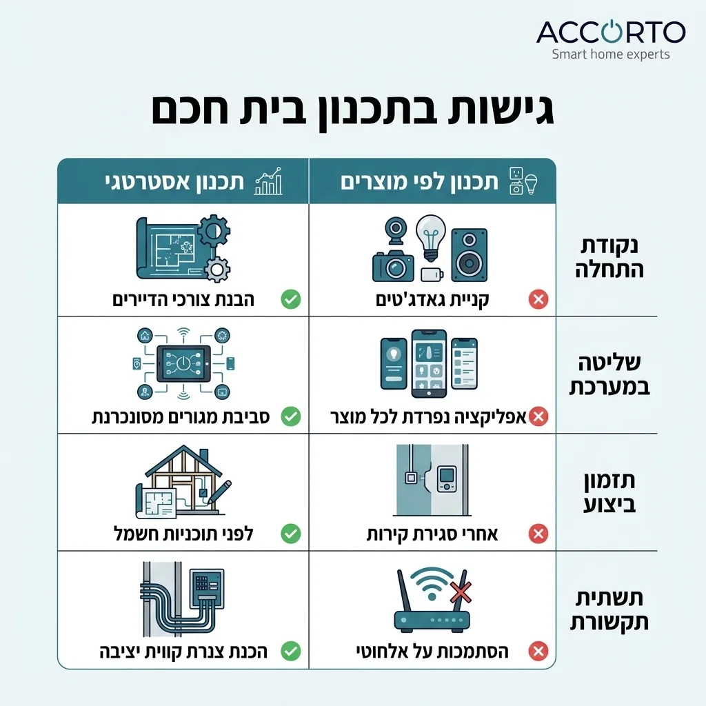 אינפוגרפיקה — גישות בתכנון בית חכם: השוואה בין תכנון לפי מוצרים, תכנון אסטרטגי