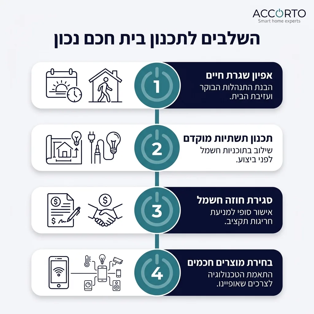 אינפוגרפיקה — השלבים לתכנון בית חכם נכון: אפיון שגרת חיים, תכנון תשתיות מוקדם, סגירת חוזה חשמל, בחירת מוצרים חכמים
