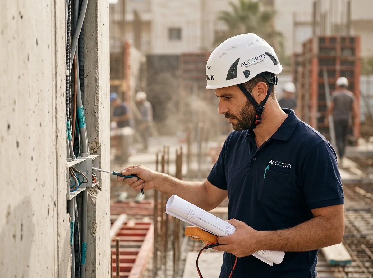 צילום ריאליסטי של הנדסאי חשמל באתר בנייה בשלב השלד, מחזיק תוכניות מודפסות ובוחן צנרת חשמל בקיר, לובש קסדת בטיחות איכותית, אור יום טבעי