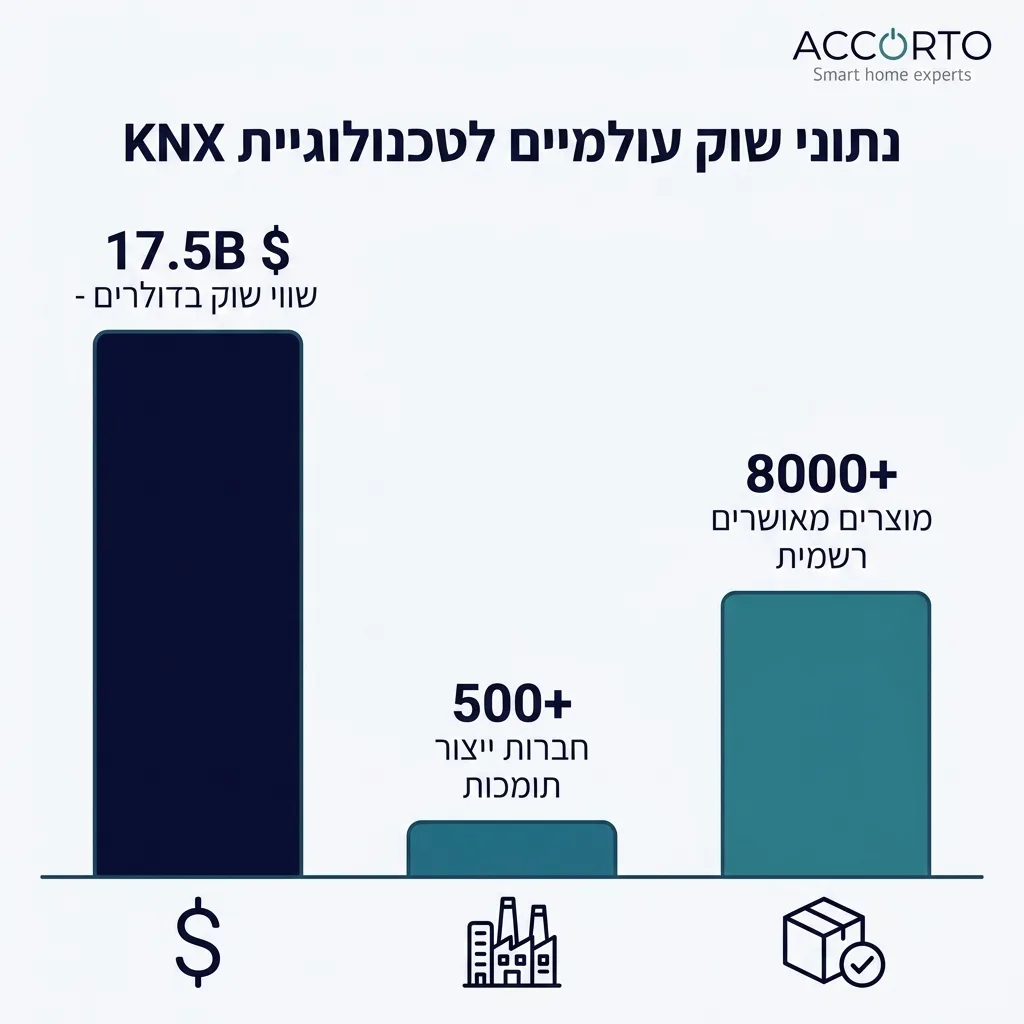 אינפוגרפיקה — נתוני שוק עולמיים לטכנולוגיית KNX: שווי שוק בדולרים, חברות ייצור תומכות, מוצרים מאושרים רשמית