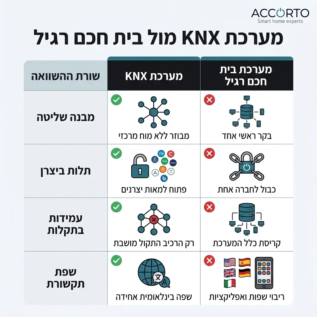 אינפוגרפיקה — מערכת KNX מול בית חכם רגיל: השוואה בין מערכת KNX, מערכת רגילה