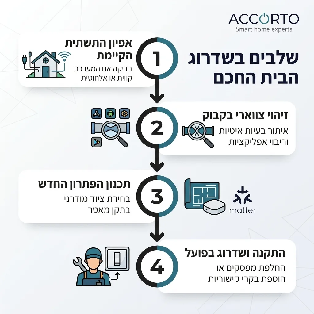 אינפוגרפיקה — שלבים בשדרוג הבית החכם: אפיון התשתית הקיימת, זיהוי צווארי בקבוק, תכנון הפתרון החדש, התקנה ושדרוג בפועל
