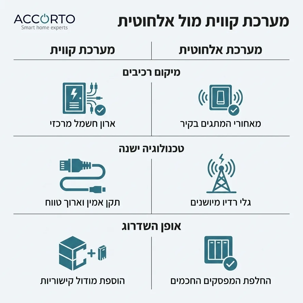 אינפוגרפיקה — מערכת קווית מול אלחוטית: השוואה בין מערכת קווית, מערכת אלחוטית