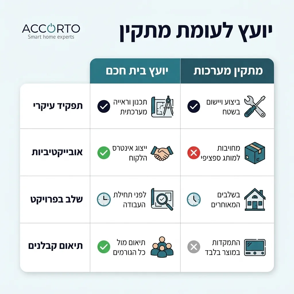 אינפוגרפיקה — יועץ לעומת מתקין: השוואה בין יועץ בית חכם, מתקין מערכות