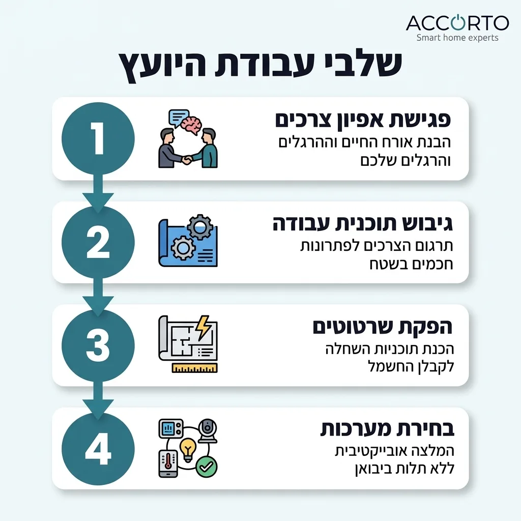אינפוגרפיקה — שלבי עבודת היועץ: פגישת אפיון צרכים, גיבוש תוכנית עבודה, הפקת שרטוטים, בחירת מערכות