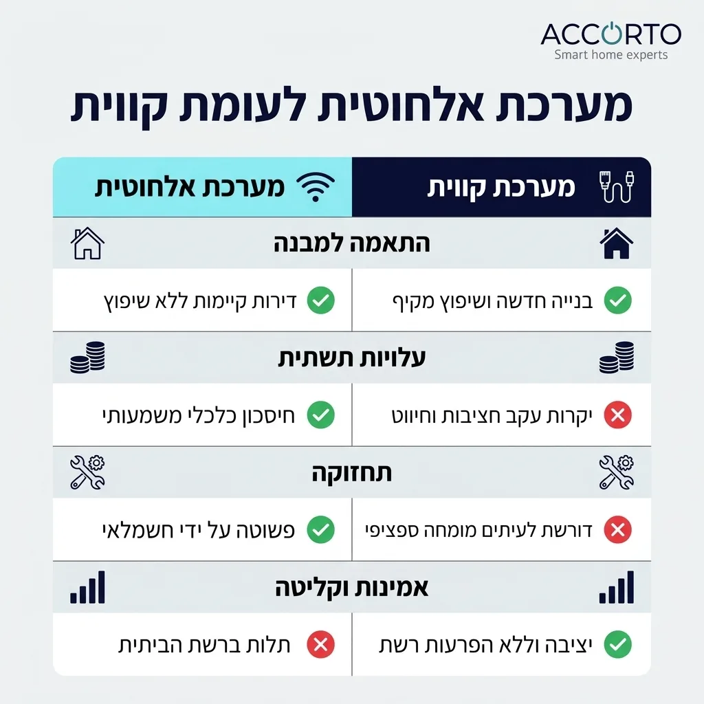 אינפוגרפיקה — מערכת אלחוטית לעומת קווית: השוואה בין מערכת אלחוטית, מערכת קווית