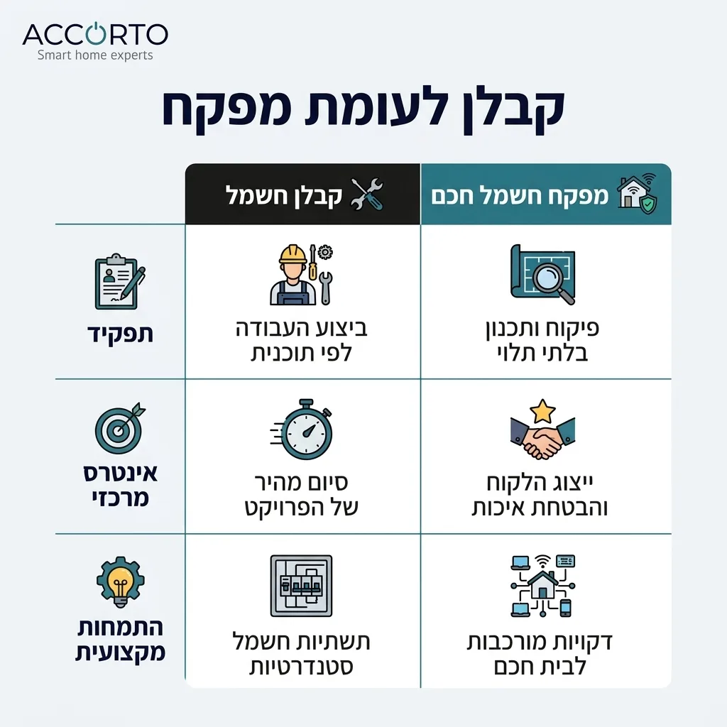 אינפוגרפיקה — קבלן לעומת מפקח: השוואה בין קבלן חשמל, מפקח חשמל חכם